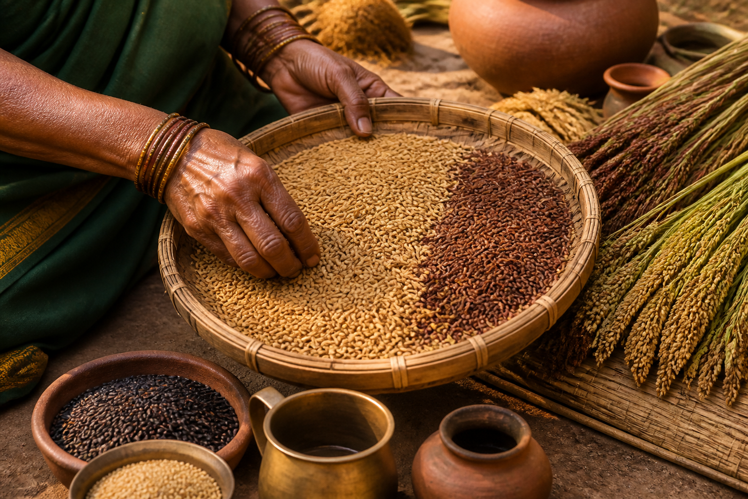 Traditional Indian grain sorting with heritage rice and millets